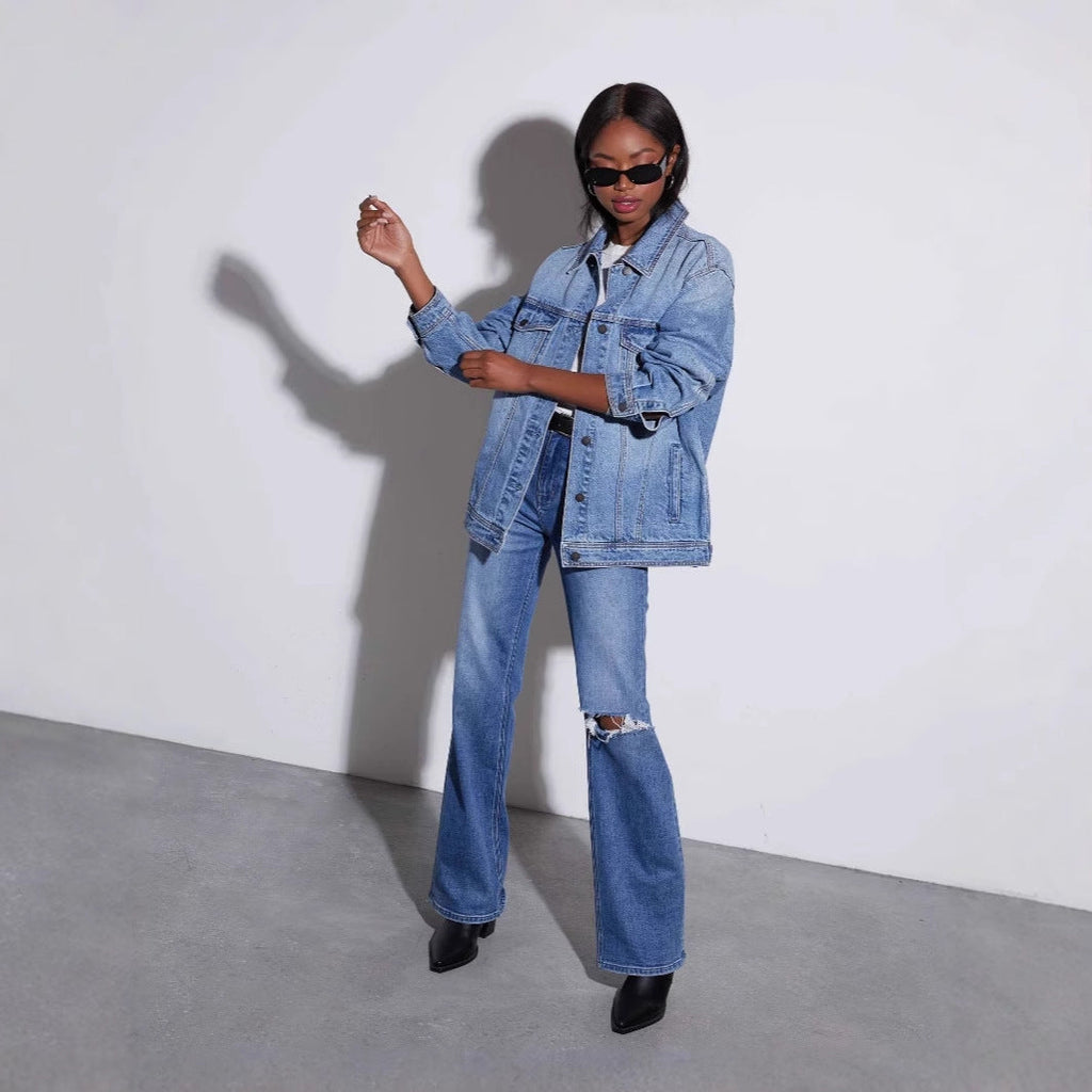 Women's oversized denim jacket in a modern street style with a relaxed cut, size S