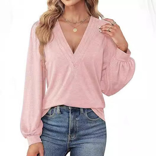 Bequemes Damen-Shirt mit V-Ausschnitt und langen Ärmeln, Größe