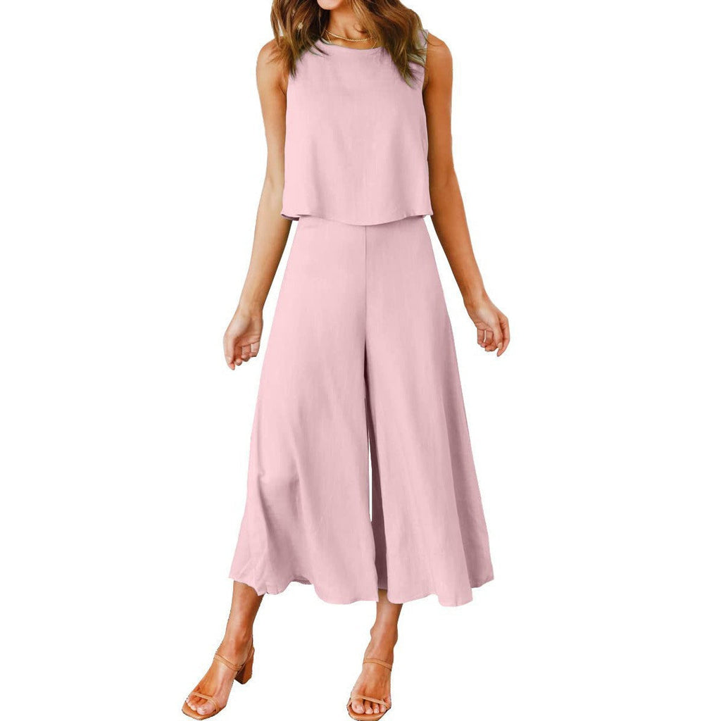 Women's airy jumpsuit with flared leg and sleeveless design, size S