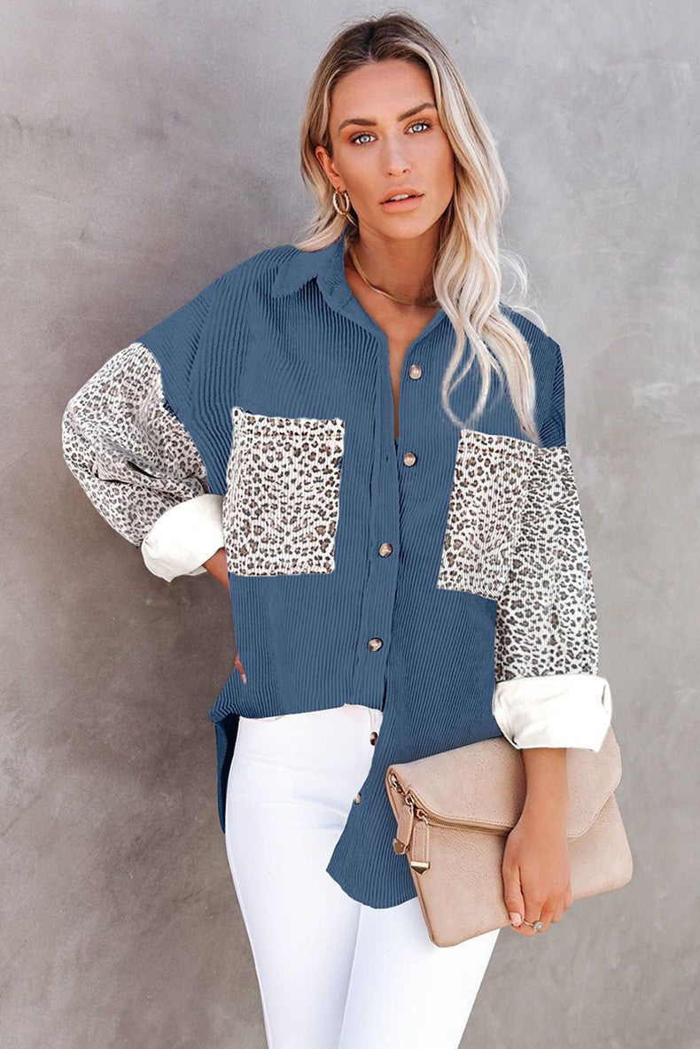 Women's trendy corduroy jacket with leopard details, size