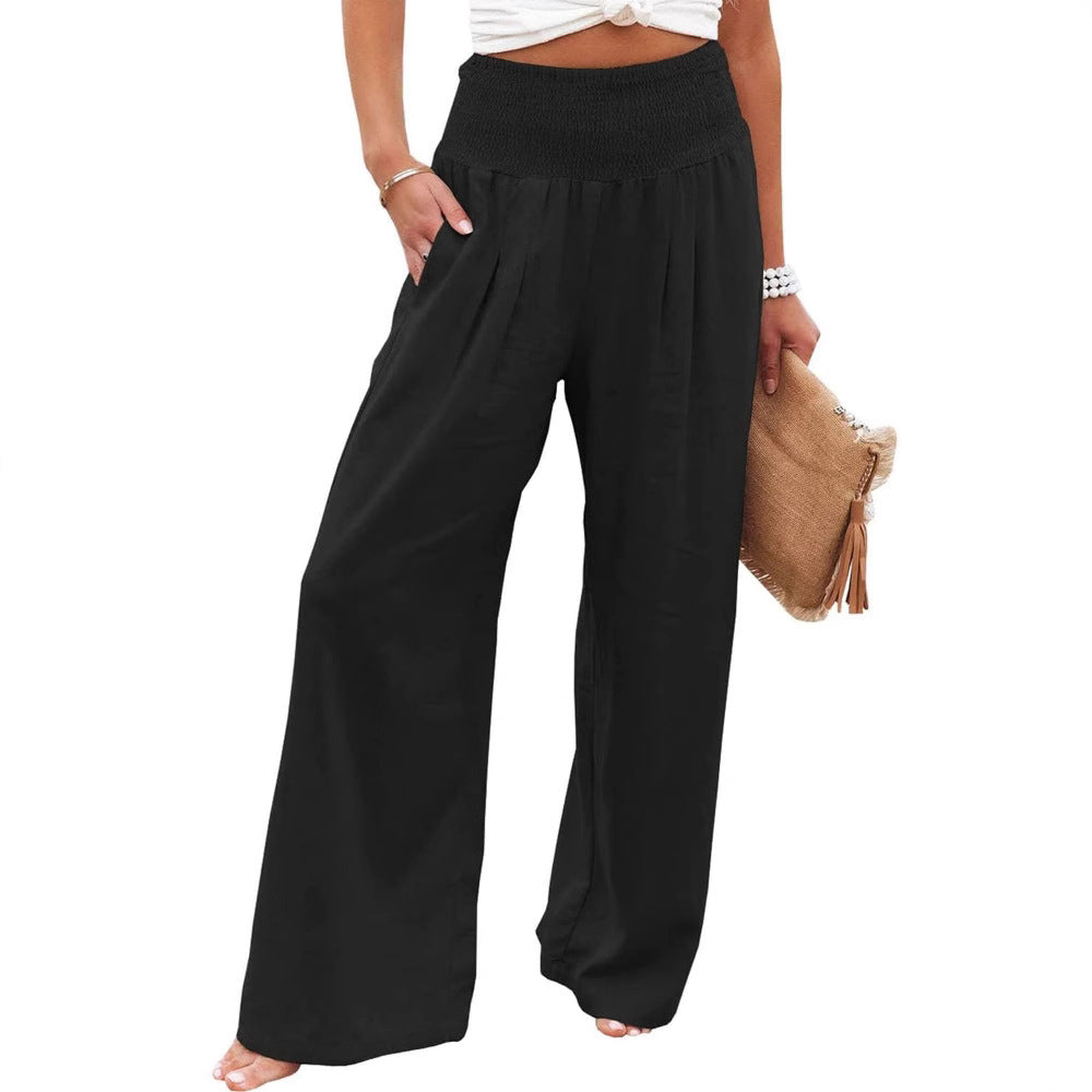 Women's wide-legged linen trousers with elasticated waistband and pleats, size