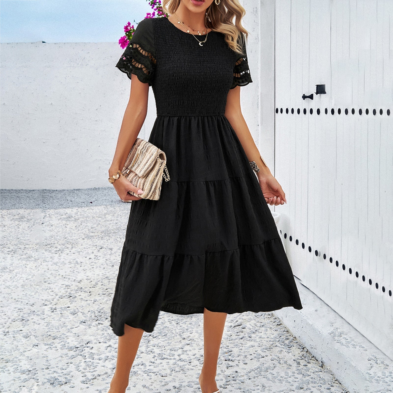 Women's midi dress with puff sleeves and elasticated top, size