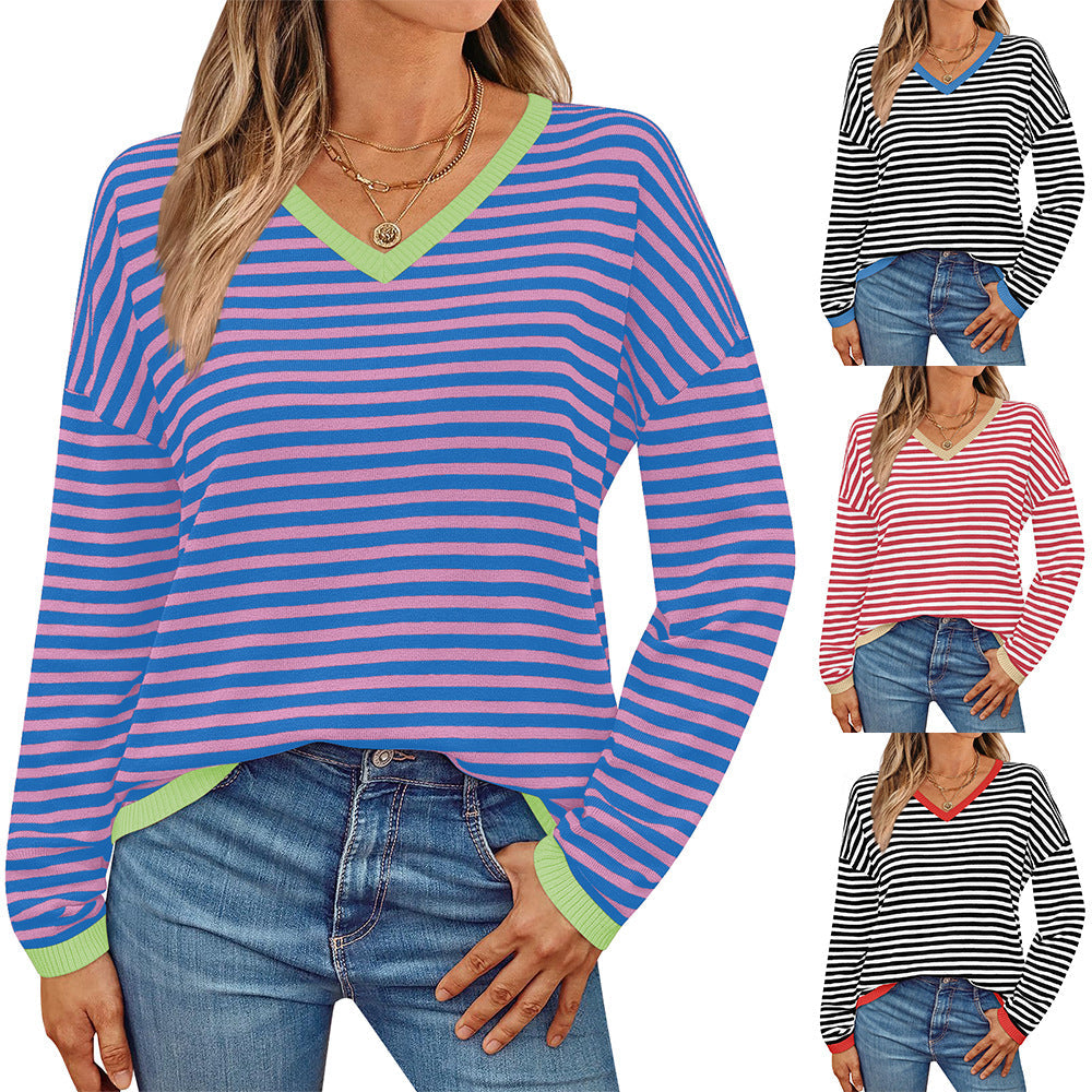 Women's casual sweater with a low V-neck and colorful striped pattern, size S