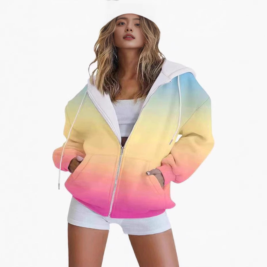Women's oversized hooded jacket with color gradient and practical pockets, size