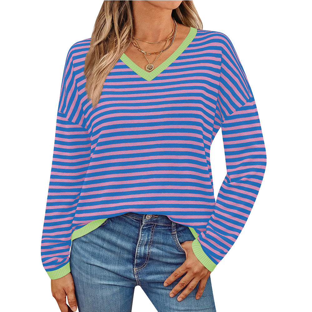 Women's casual sweater with a low V-neck and colorful striped pattern, size S