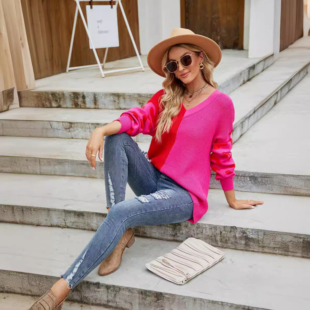 Women's colorful sweater in a fashionable color-block design with leopard print, size S
