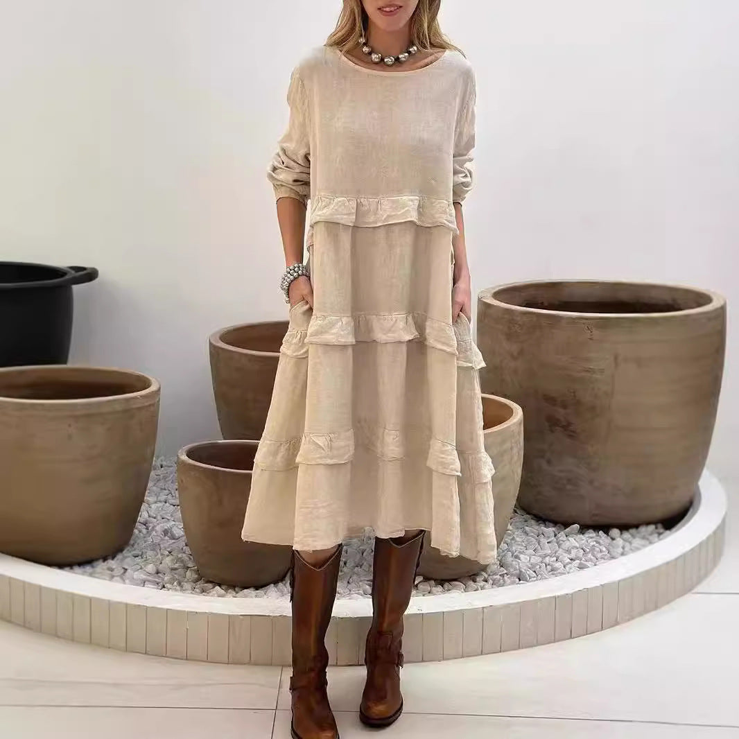 Valenzora | Ruffled round neck long-sleeved dress