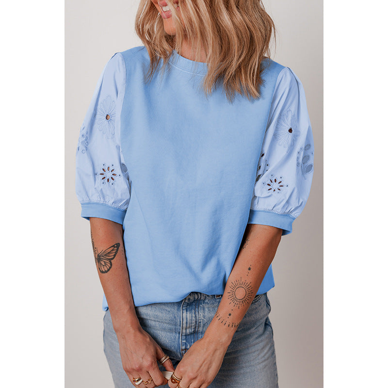 Women's T-shirt with puff sleeve designs and embroidered accents, size Valenzora