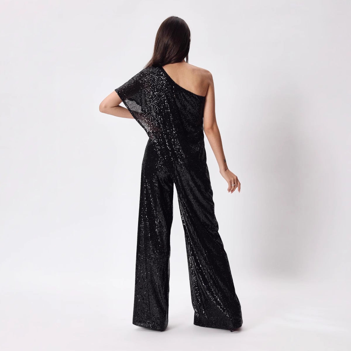 Women's One-Sided Sequin Jumpsuit with Wide-Leg Trousers, Size