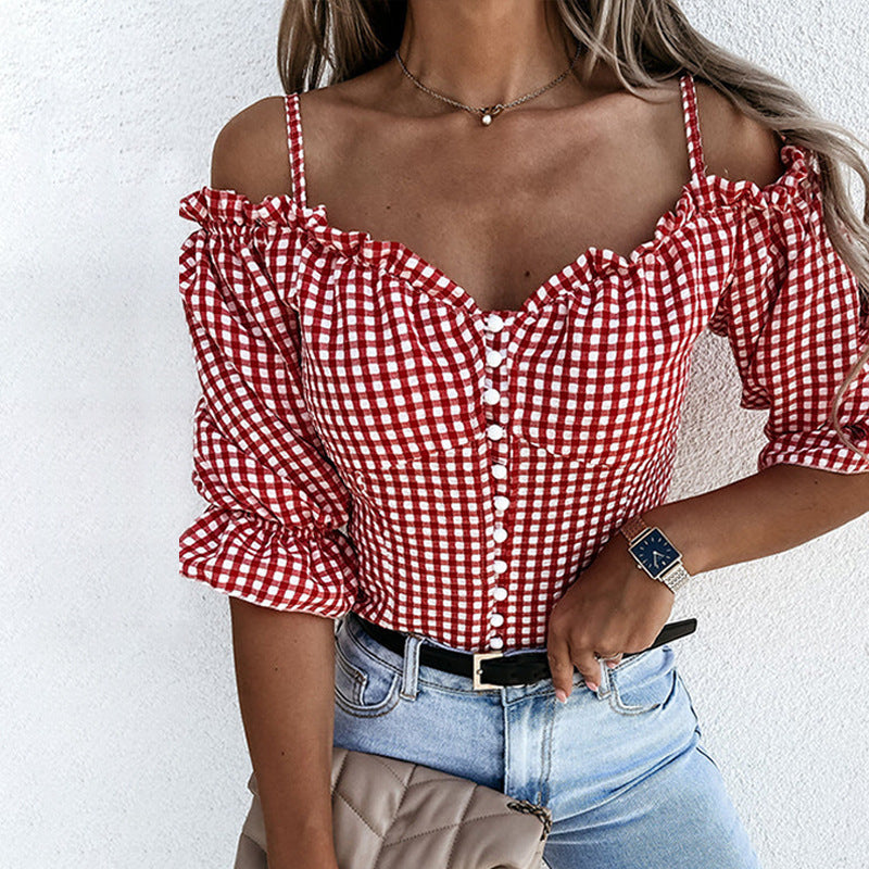 Women's off-the-shoulder blouse with ruffle details and check pattern, size [size missing]