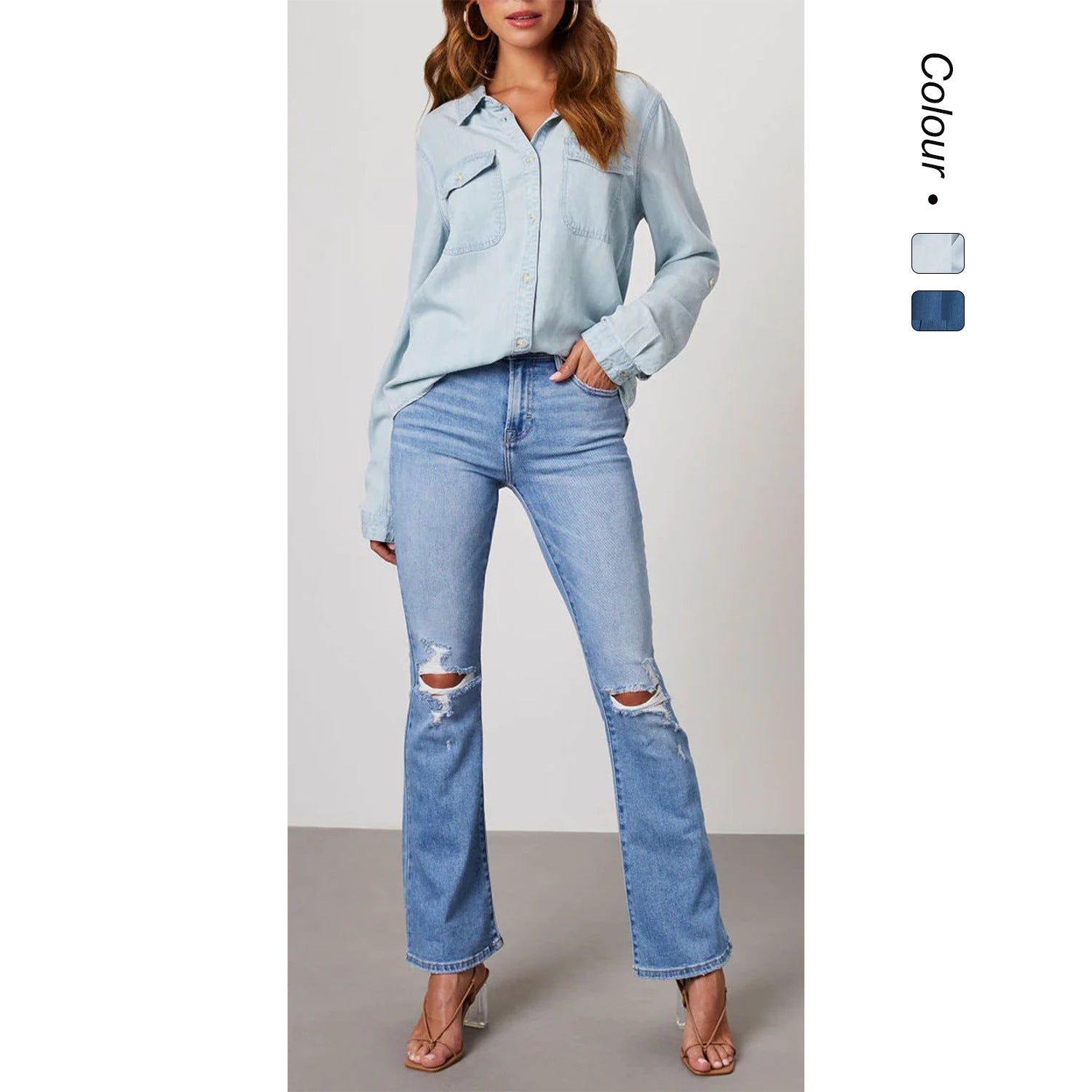 Damen-Jeanshemd mit Krempelärmeln und zwei Brusttaschen, Größe S