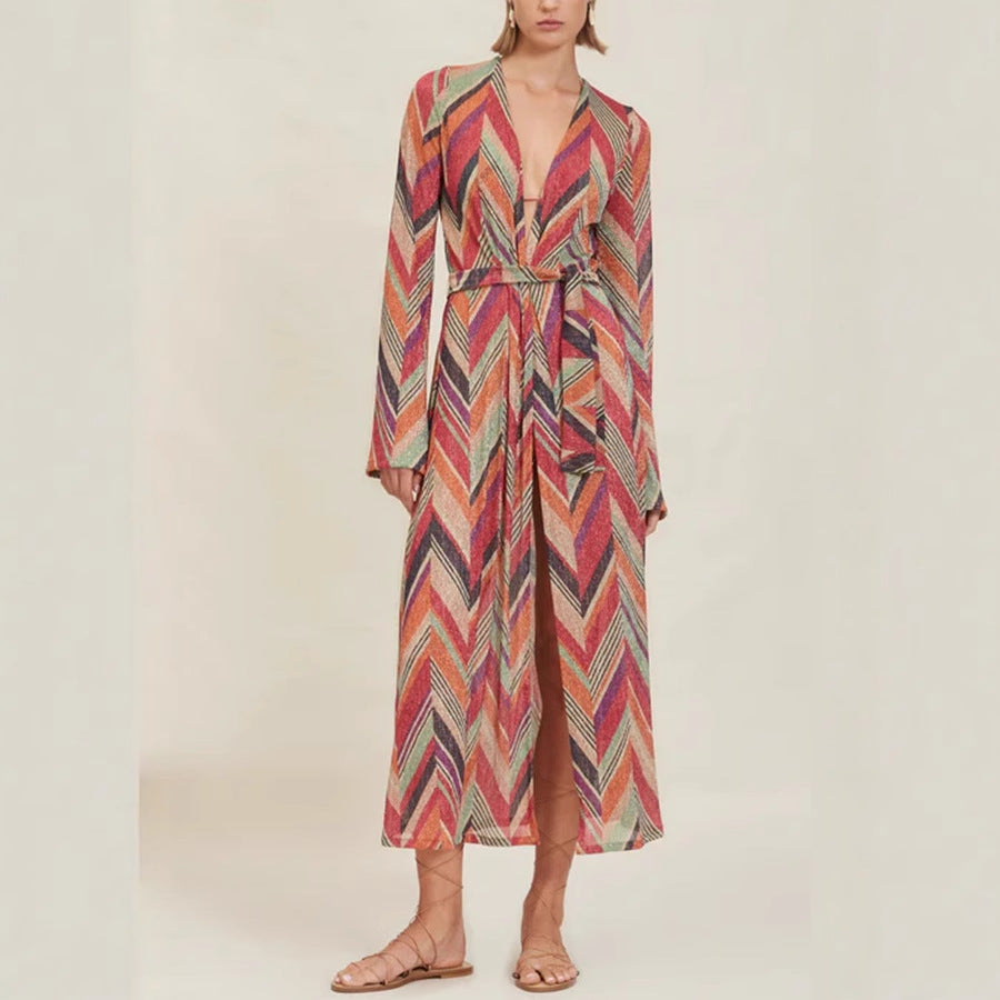 Women's casual beach suit with geometric pattern and loose fit, size