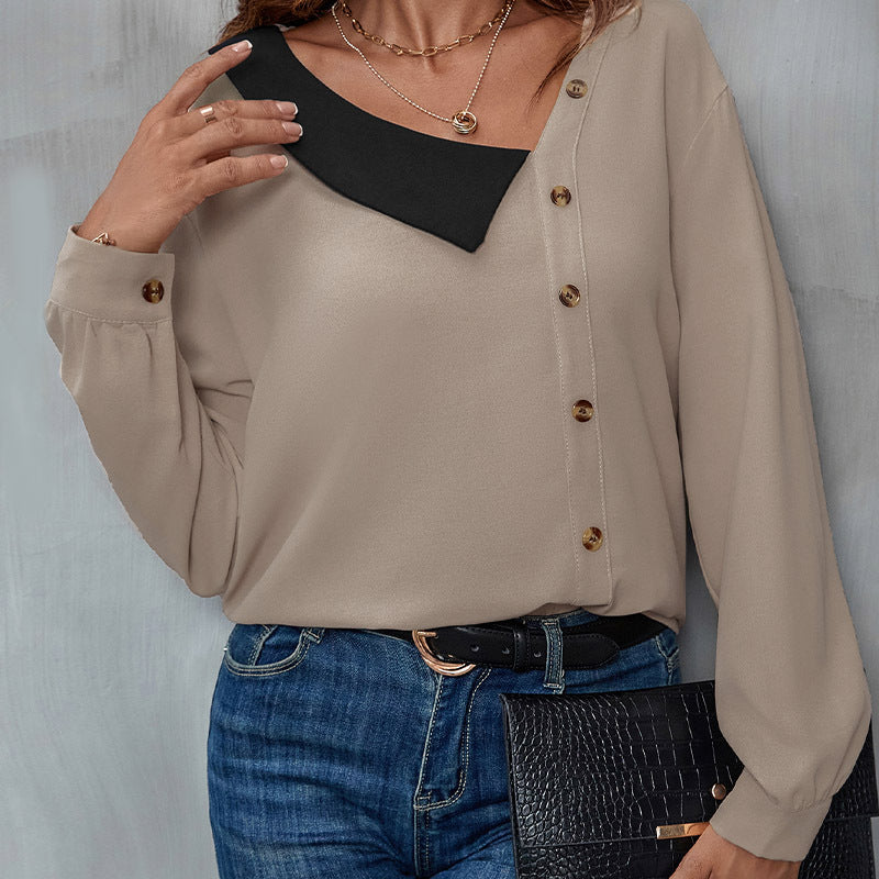 Damenbluse mit asymmetrischem Kragen und Knopfdetails, Größe