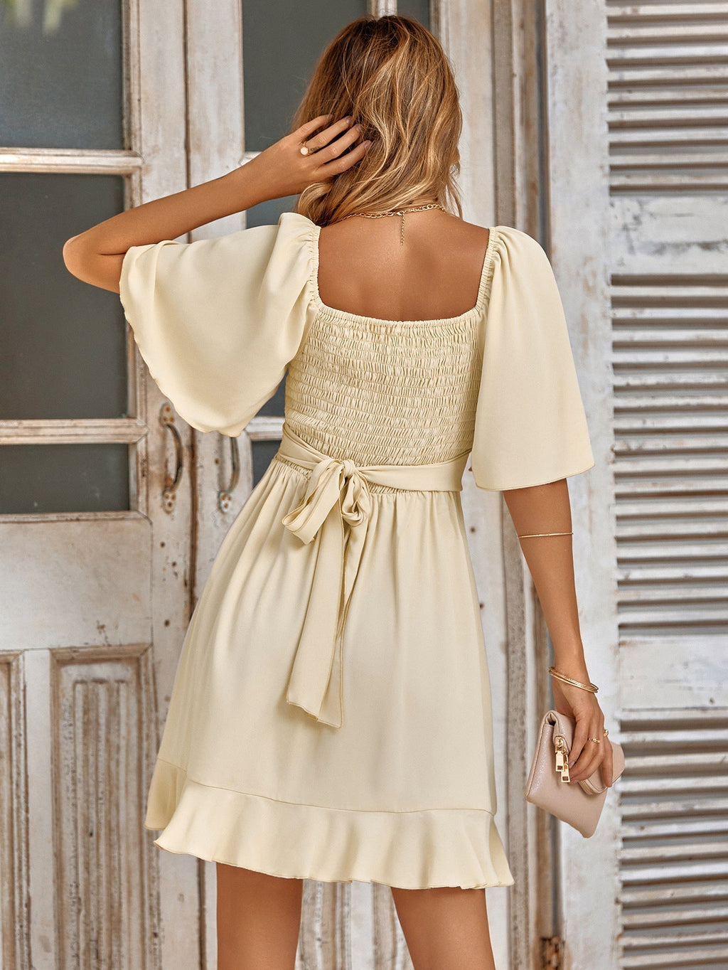 Valenzora | Casual Cross V-Neck Short Sleeve Wrap Solid Color Mini Dress