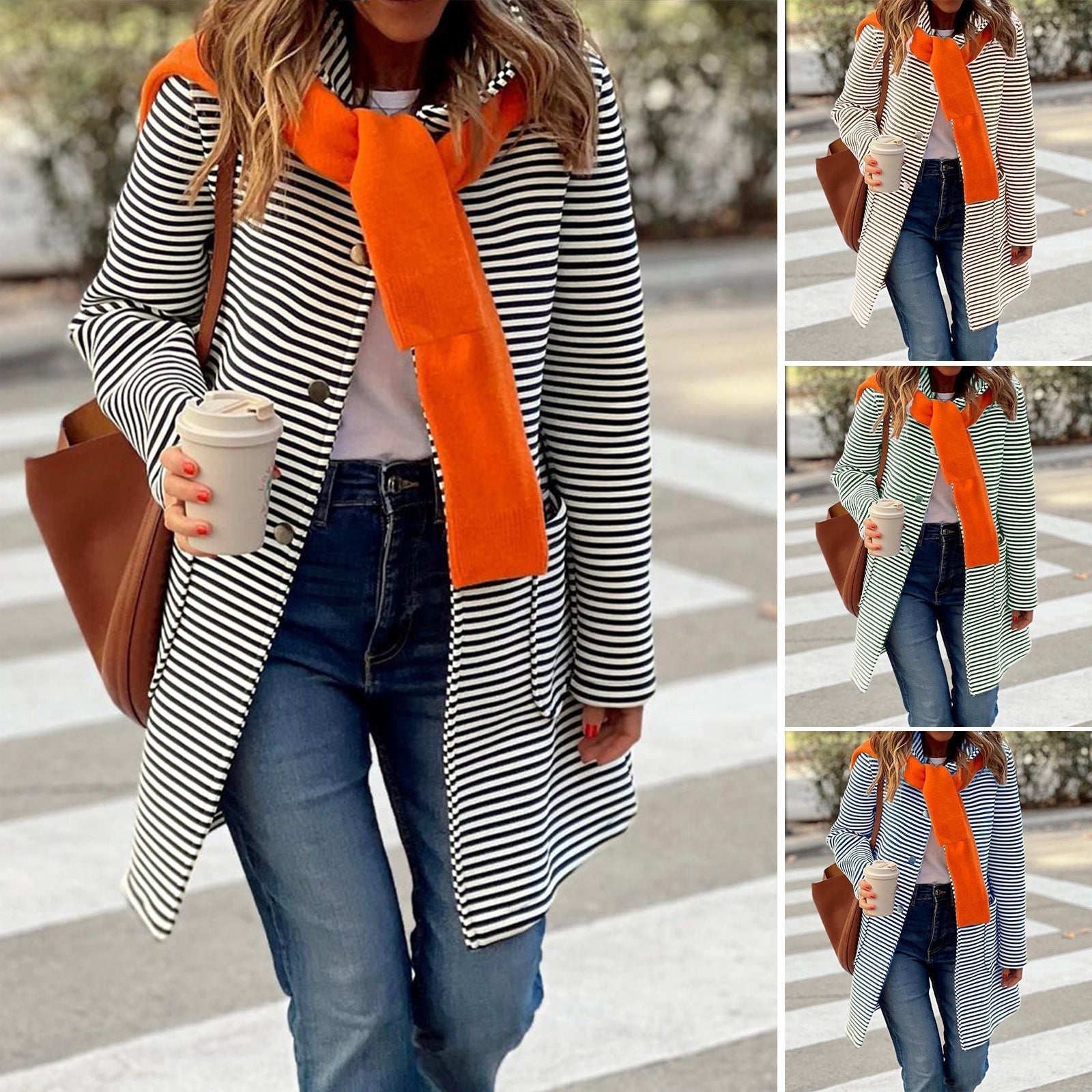 Women's striped trench coat with fashionable scarf and high functionality, size S