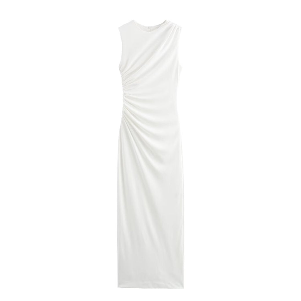 ValenzoraMODE | Solid Color Round Neck Sleeveless Pleated Slim Fit Dress