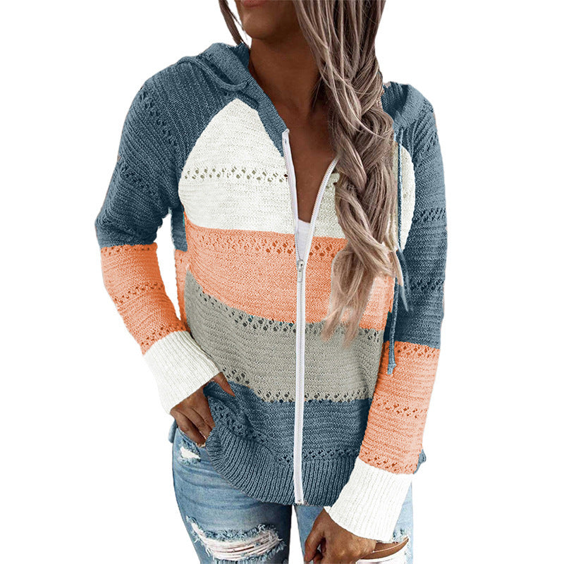 Women's casual cardigan with hood and decorative openwork pattern, size
