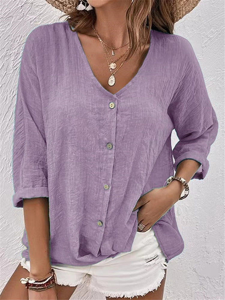 Women's casual blouse with button placket and V-neck, size