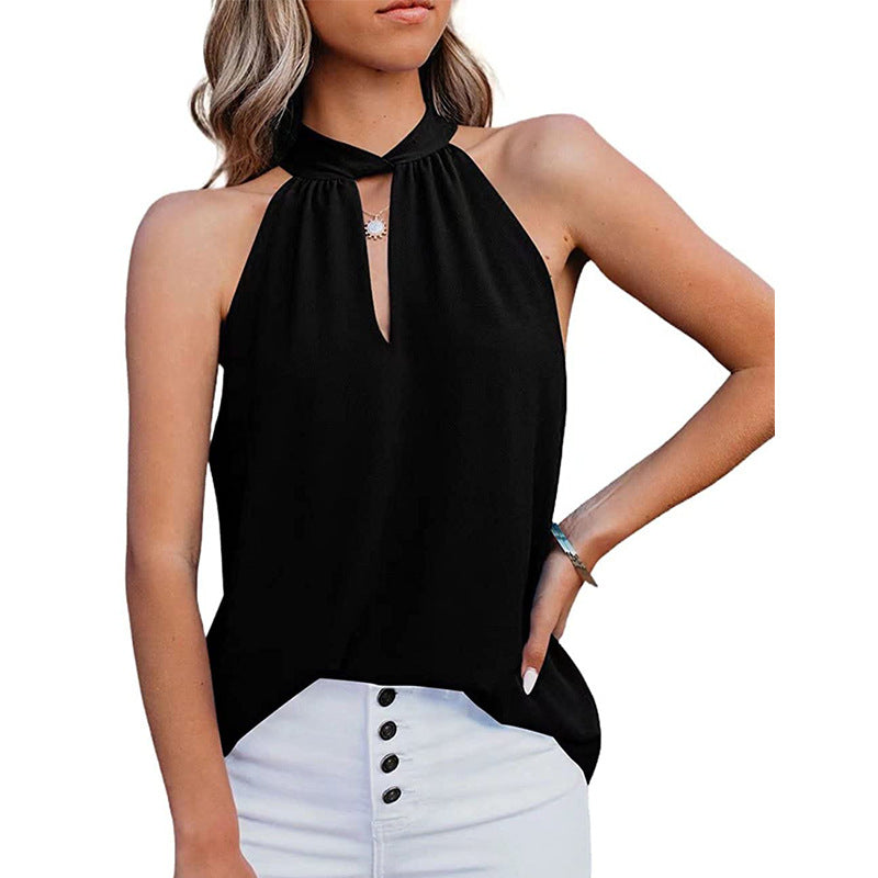 Ärmelloses Damen-Top mit schickem Schlitzkragen und feiner Textur, Größe Valenzora
