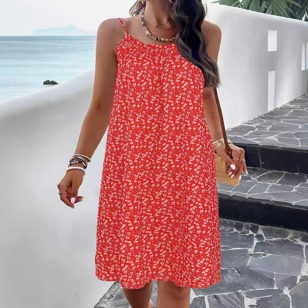 Women's Sleeveless Summer Dress with Elastic Waist and Floral Print Drune