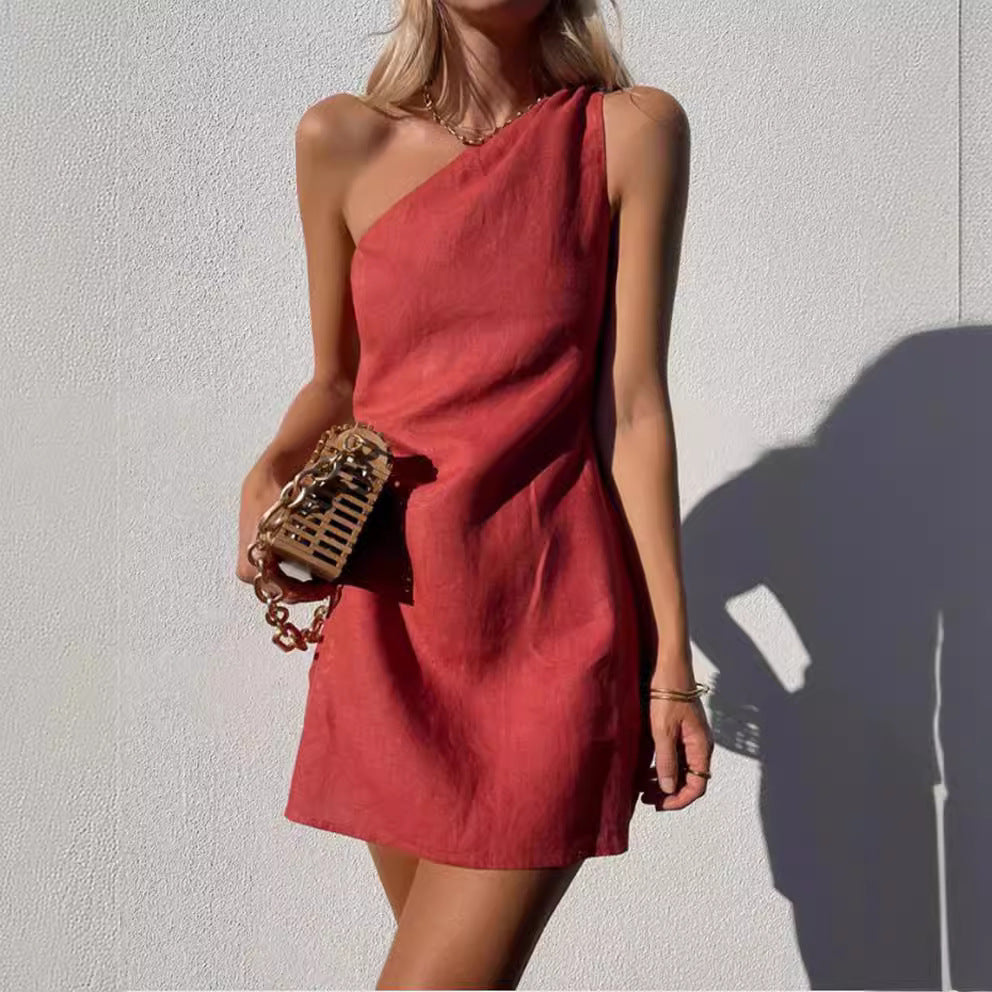 Valenzora | Solid color slim fit one-shoulder commuter dress
