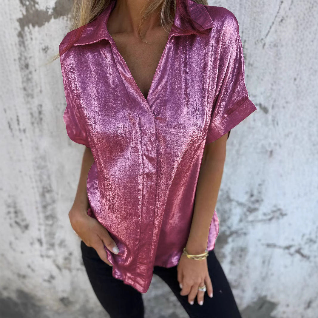 Women's short-sleeved silk blouse with elegant sheen and fashionable lapel, size S