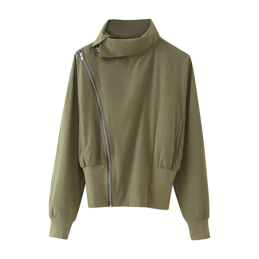 Women's transitional jacket with modern asymmetrical zipper and high collar, size