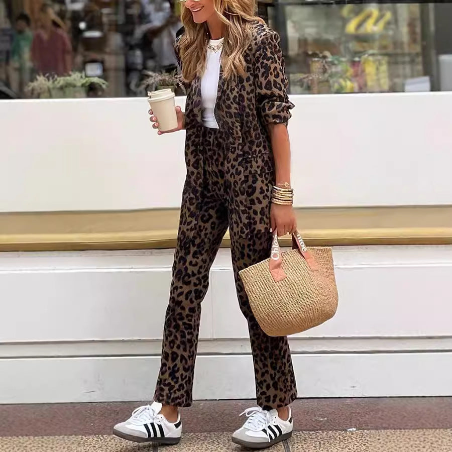 Women's Elegant Blazer-Pants Suit in Fashionable Leopard Print Size
