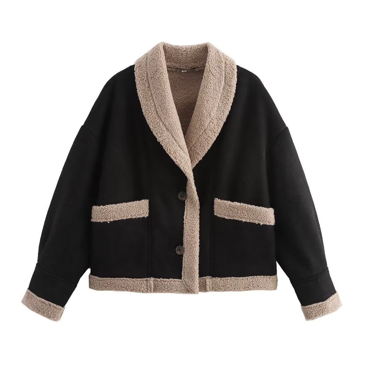 Women's cozy oversized jacket with soft lining and elegant button placket, size S