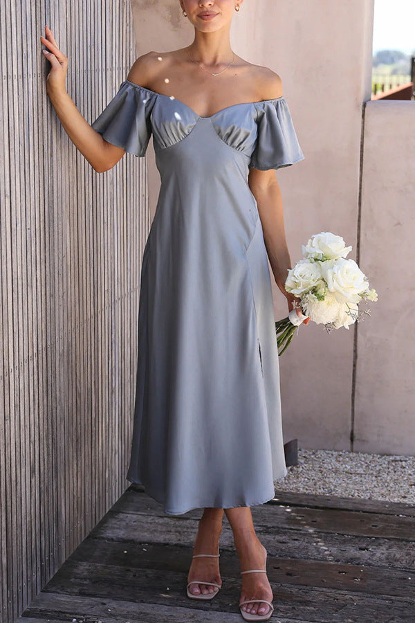 Women's off-the-shoulder midi dress with voluminous sleeves and elegant accents, size Valenzora
