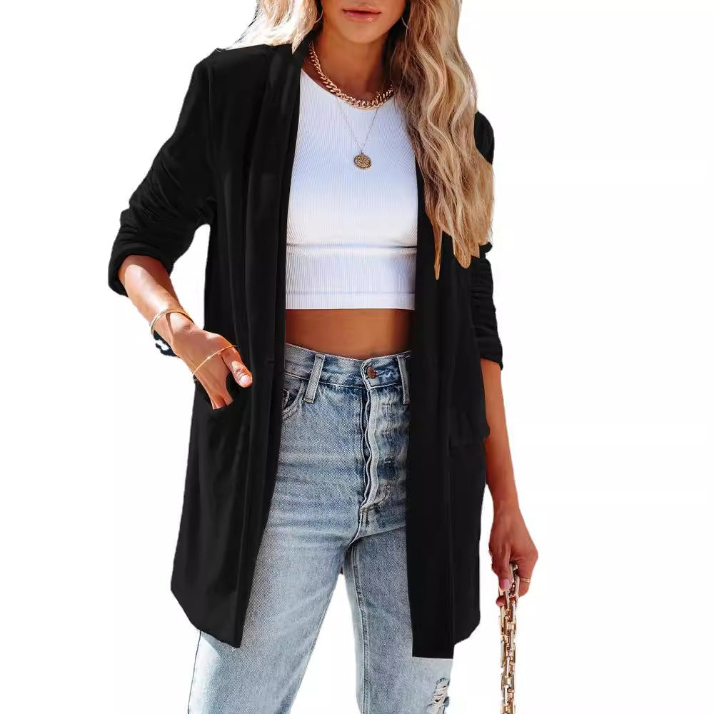 Damen lässige Long-Strickjacke mit seitlichen Eingrifftaschen und offenem Schnitt, Größe