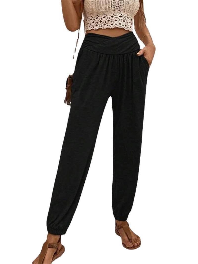 Women's casual high-waisted trousers with comfortable elastic waistband, size [size missing]