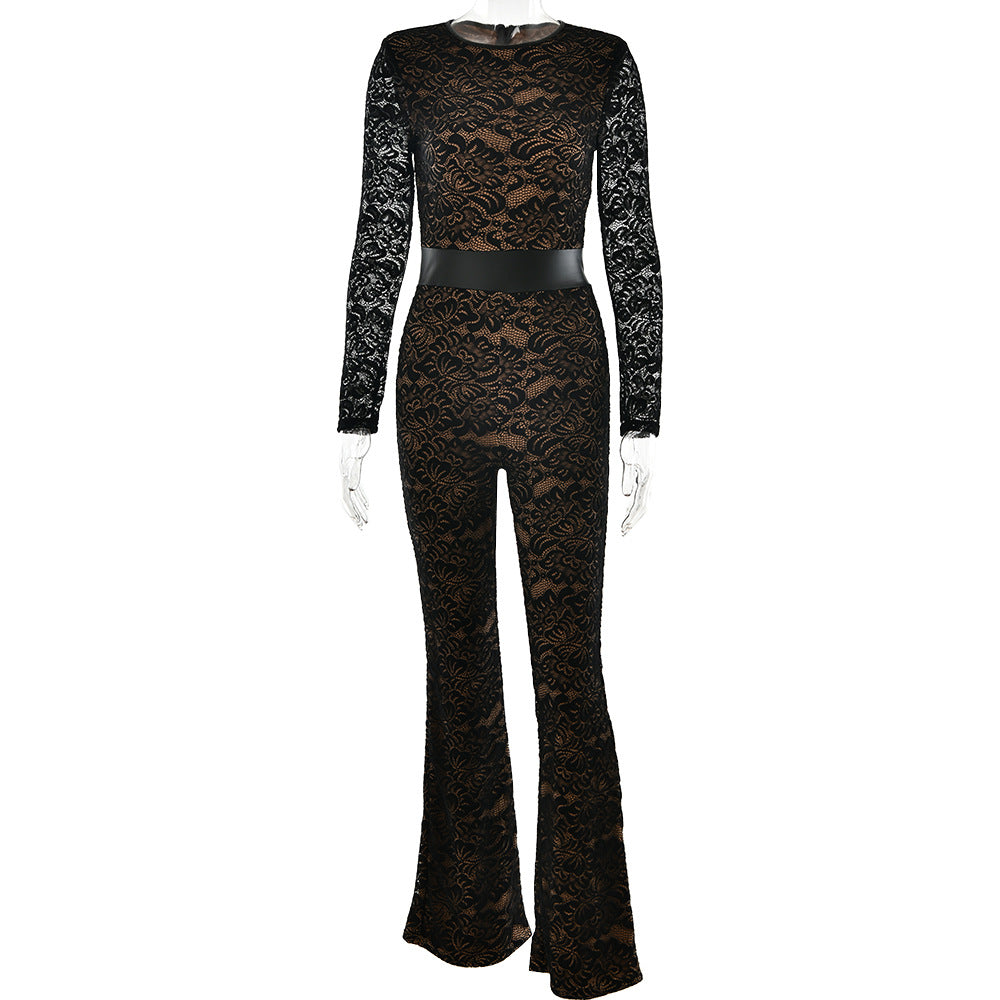 Women's Elegant Lace Jumpsuit with Floral Motifs Size