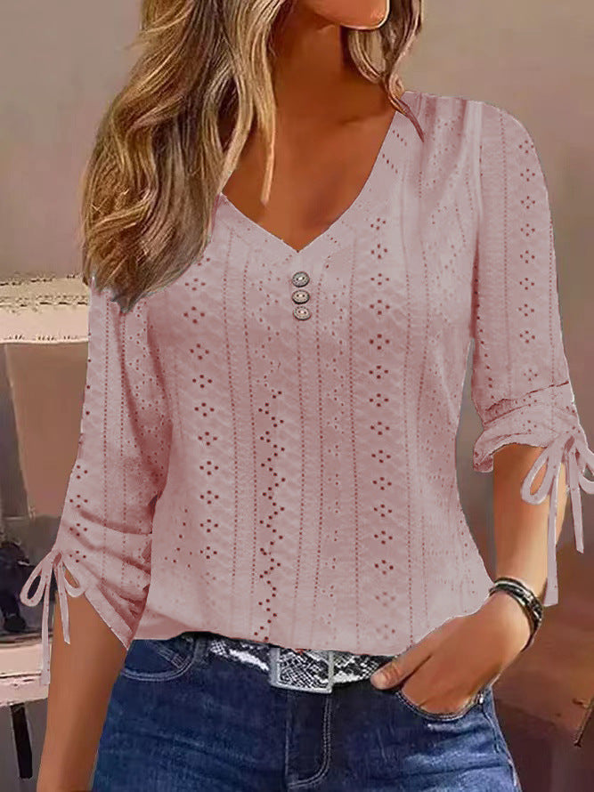 Women's blouse shirt with sophisticated openwork pattern and button details, size