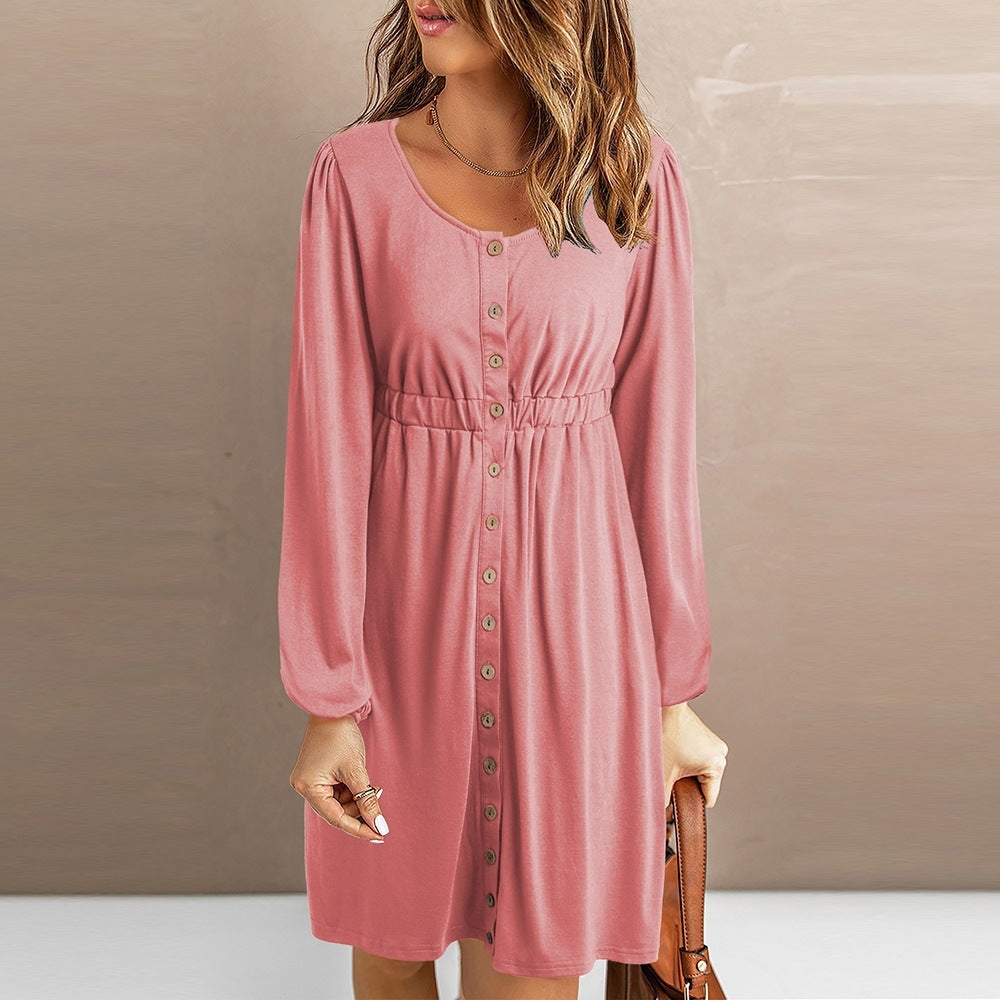 Women's knee-length dress with button details and elasticated waist, size [size]