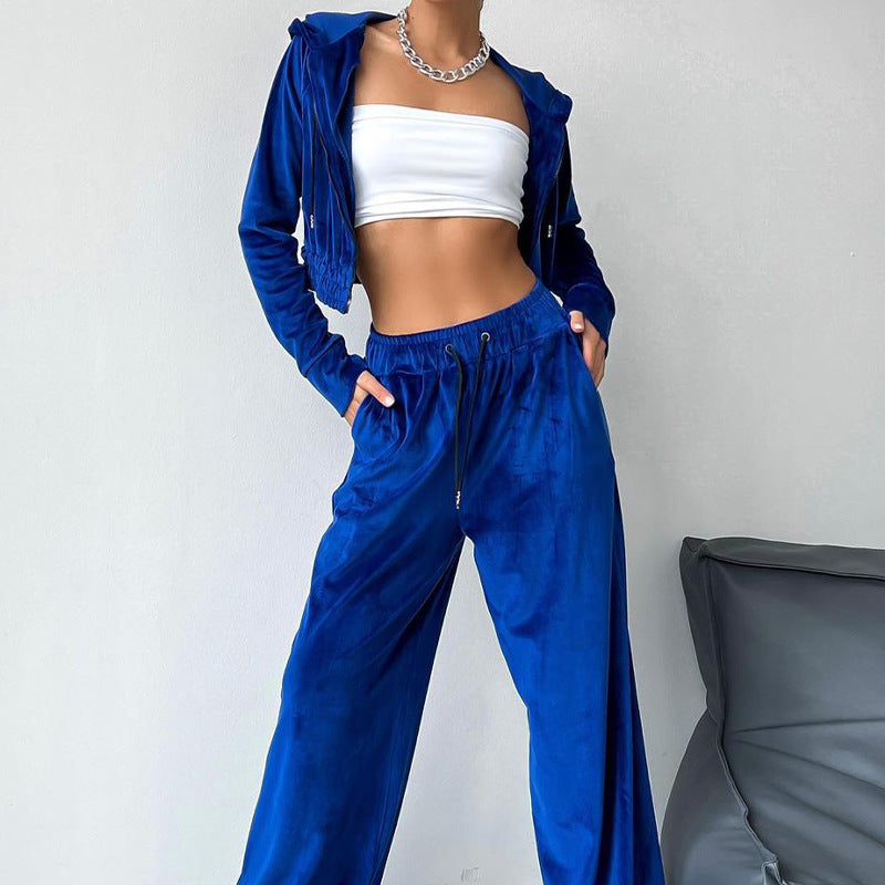 Women's sporty leisure set with casual hooded jacket and wide-leg trousers, size S