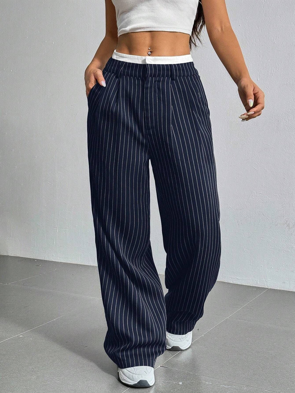 Women's Elegant Wide-Leg Pinstripe High-Waisted Trousers, Size