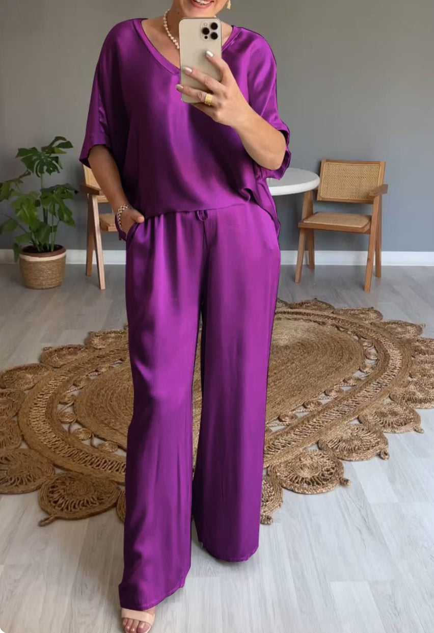Valenzora | Solid color, silky V-neck casual suit