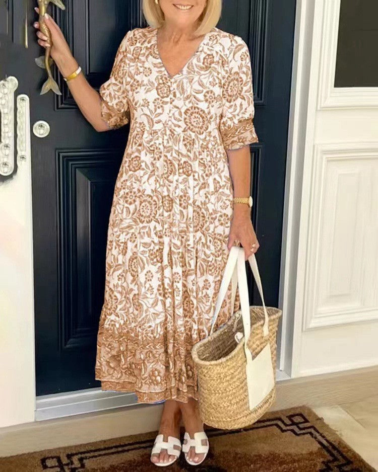 Valenzora | Three-quarter sleeve long floral tie-dye print dress