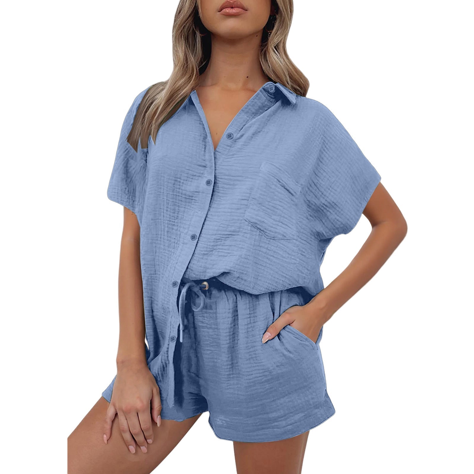 Women's casual short-sleeved shirt and shorts set made from durable cotton material with practical pockets and elastic waistband, size [size missing]