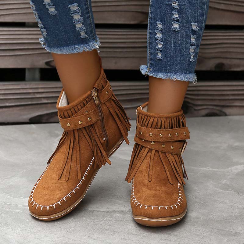 Valenzora | Boho-Stiefeletten mit Fransen und Schnallen für Damen