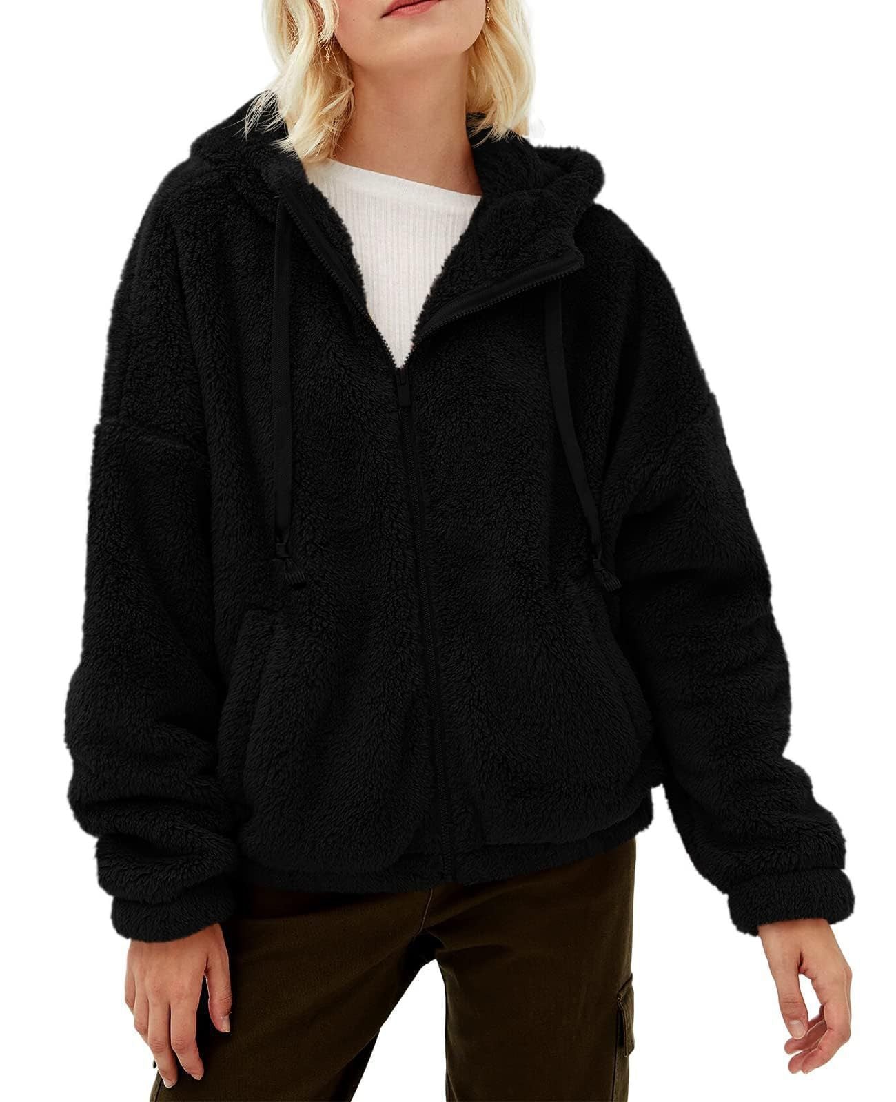 Women's Fluffy Hooded Jacket with Practical Pockets and Zipper, Size