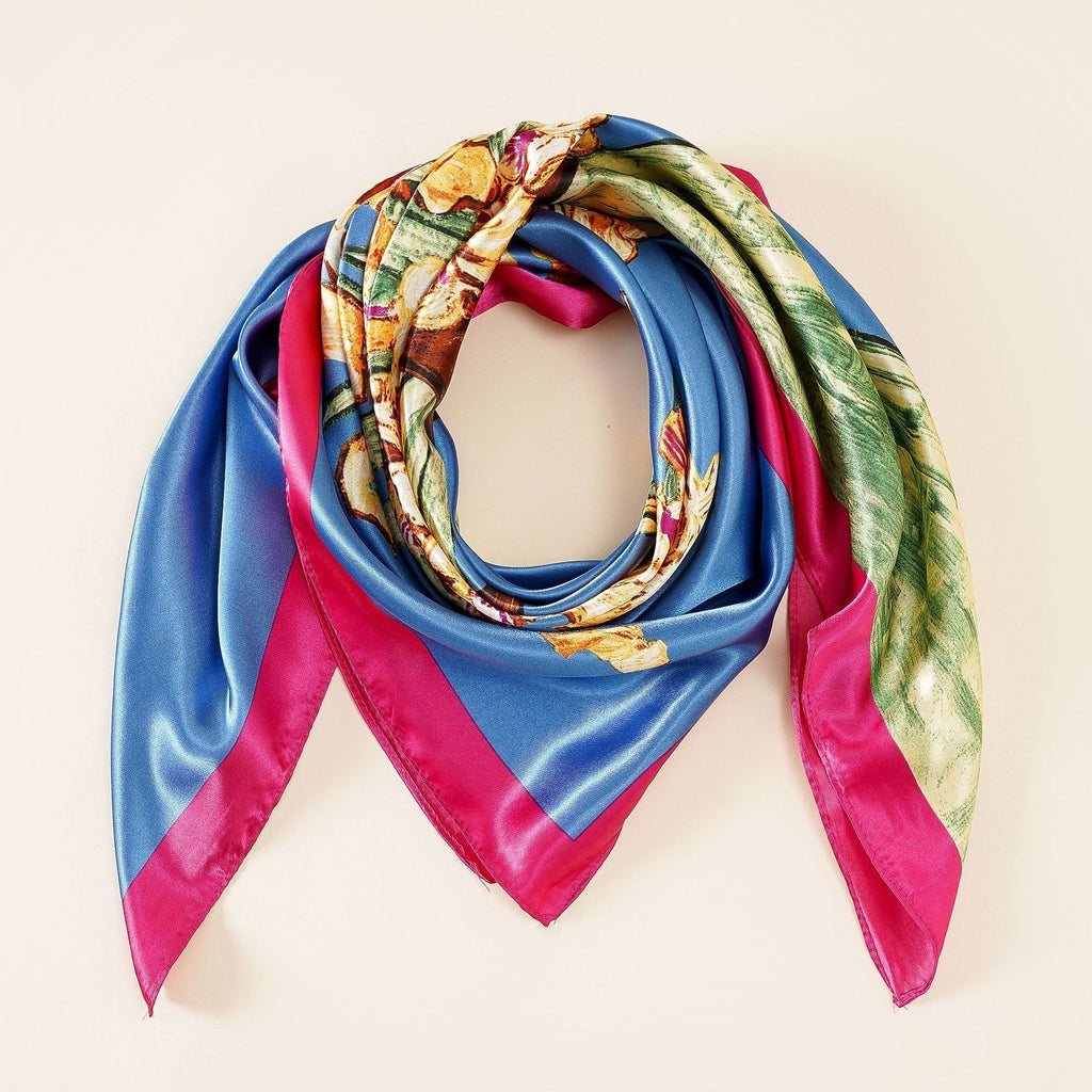 Women's silk scarf with artistic floral design and luxurious sheen, size Valenzora