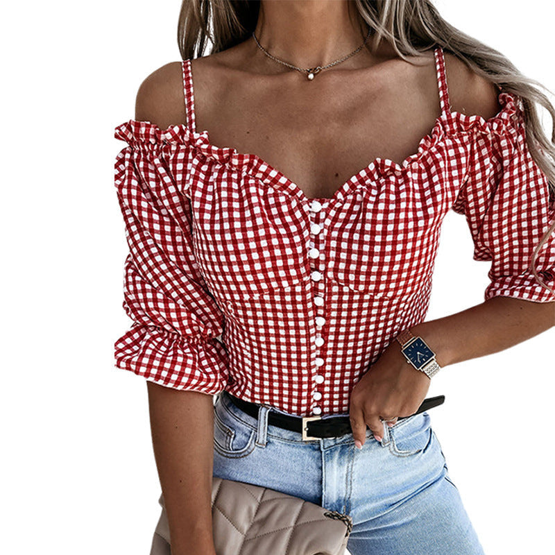 Women's off-the-shoulder blouse with ruffle details and check pattern, size [size missing]