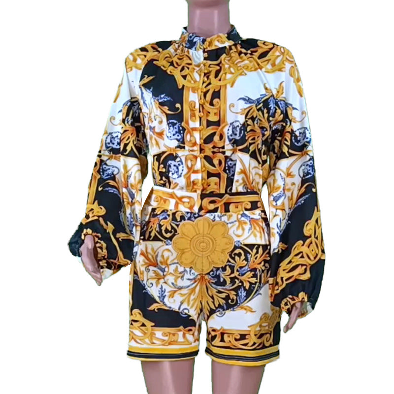 Damen-Jumpsuit mit elegantem Stehkragen und künstlerischem Print, Größe [size missing]