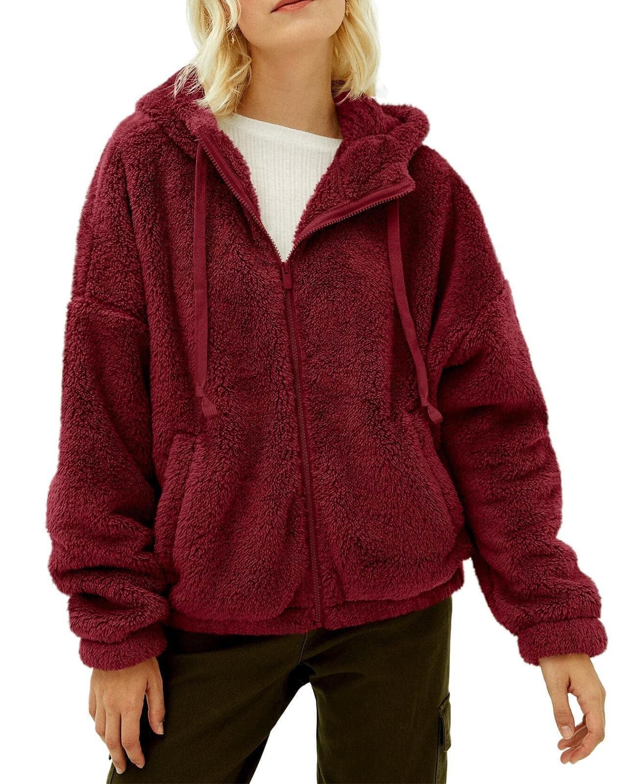 Women's Fluffy Hooded Jacket with Practical Pockets and Zipper, Size