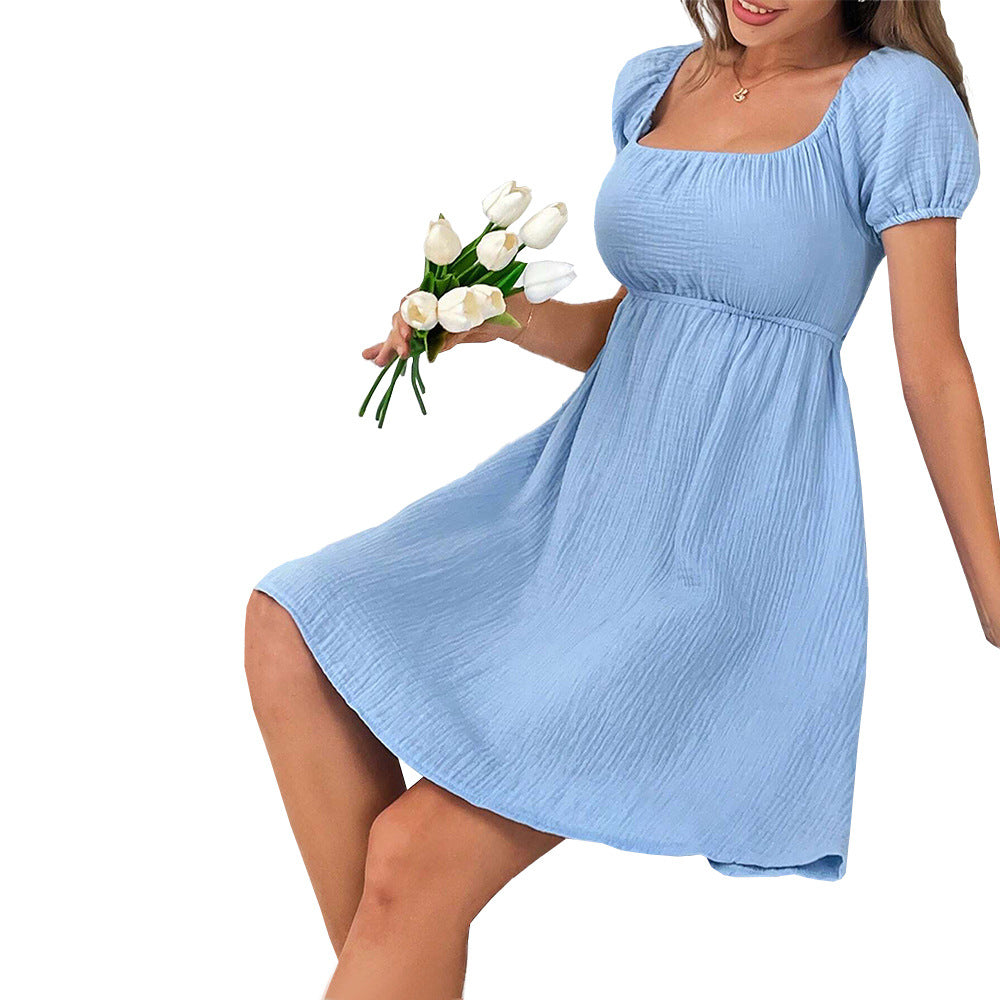 Women's casual wrap dress with a chic square neckline and voluminous puff sleeves, size [size missing]