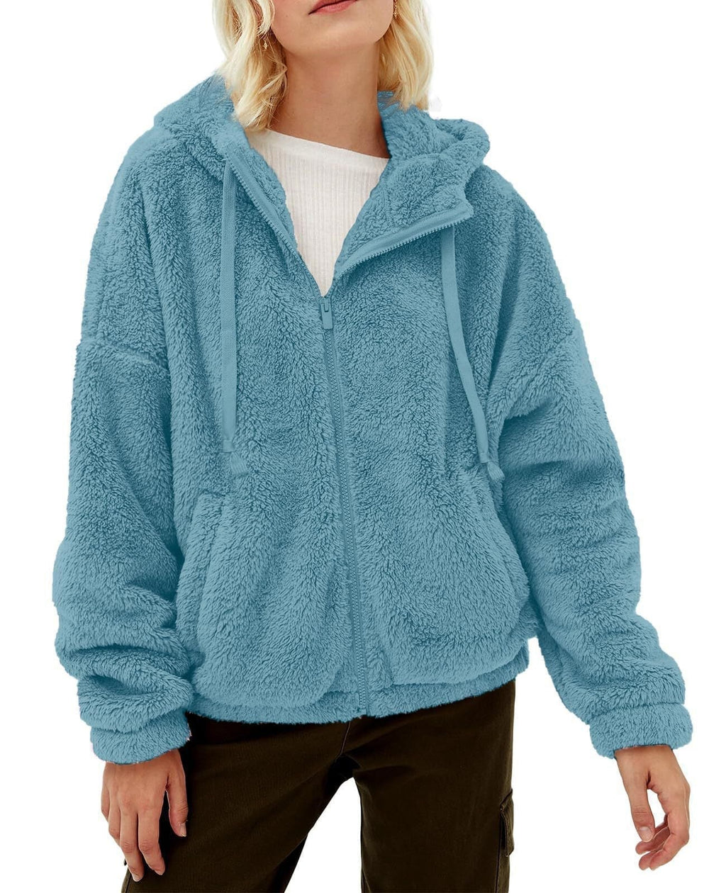 Women's Fluffy Hooded Jacket with Practical Pockets and Zipper, Size