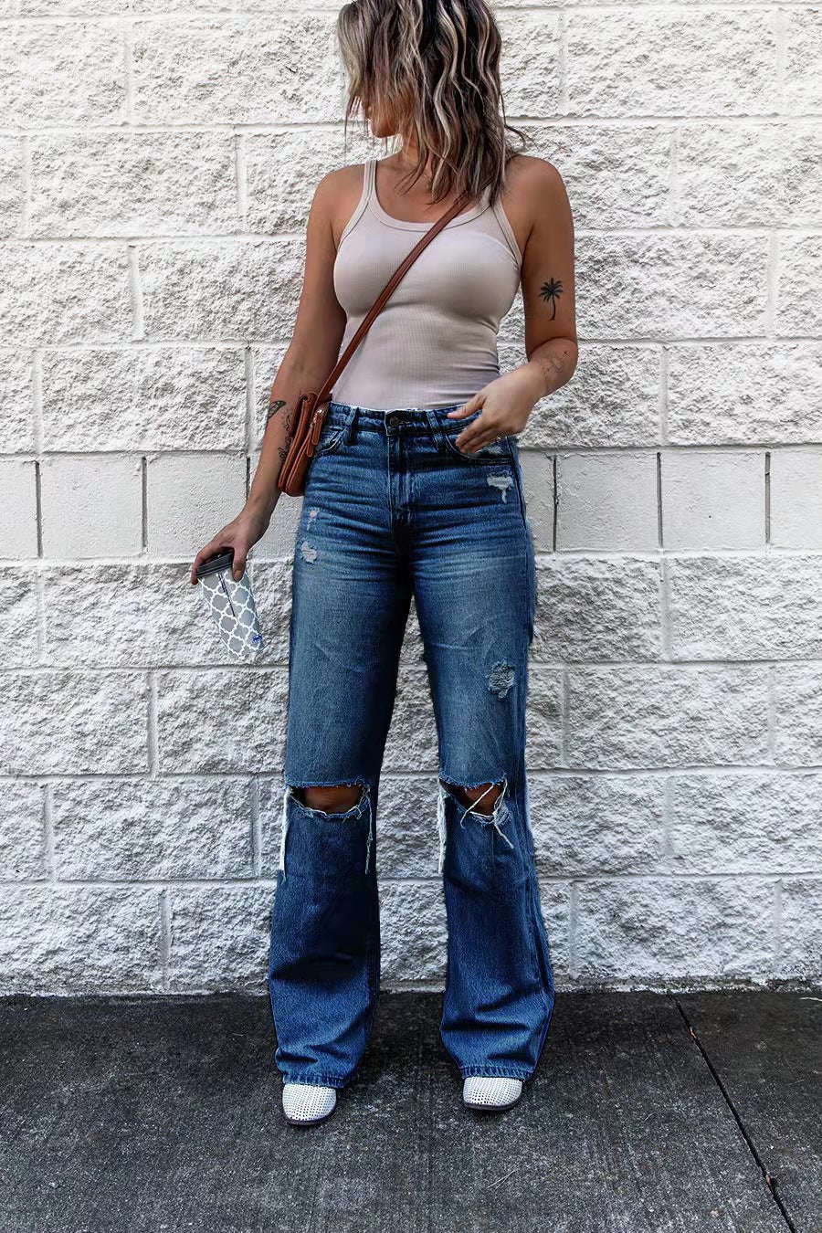 Valenzora | Women's High Waist Ripped Wide Leg Jeans
