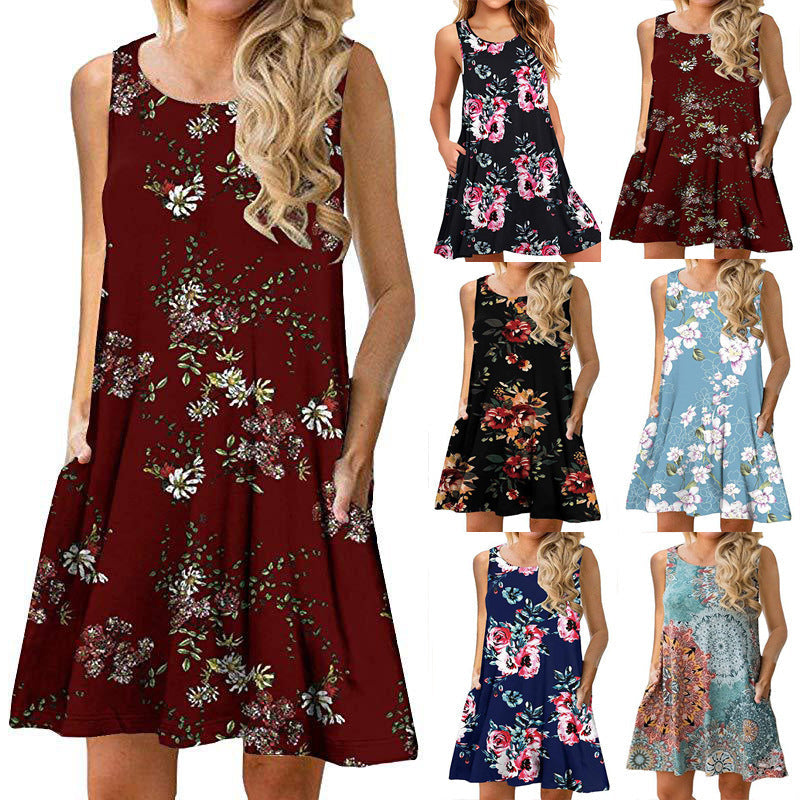 Ärmelloses Damen-Minikleid mit Blumenmuster und praktischen Seitentaschen, Größe
